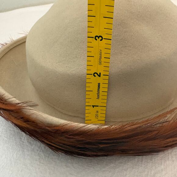 Vintage Wool Felt Hat with Copper Feather Trim 2” Brim Womens Millinery Made USA main image 4
